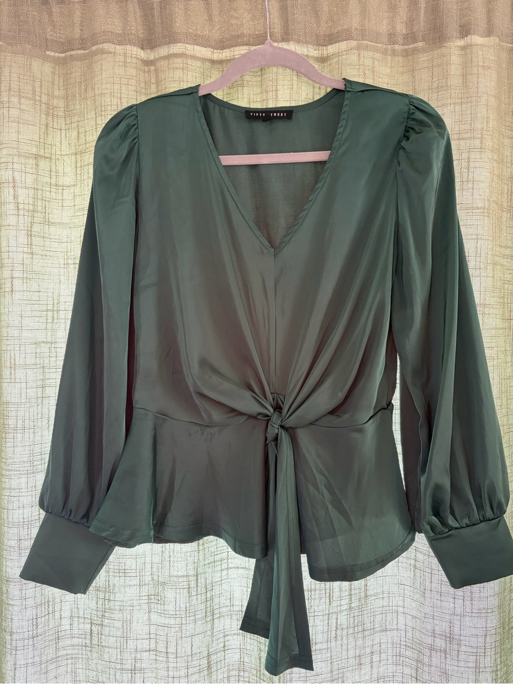 Emerald Green Tie-Front V-Neck Blouse